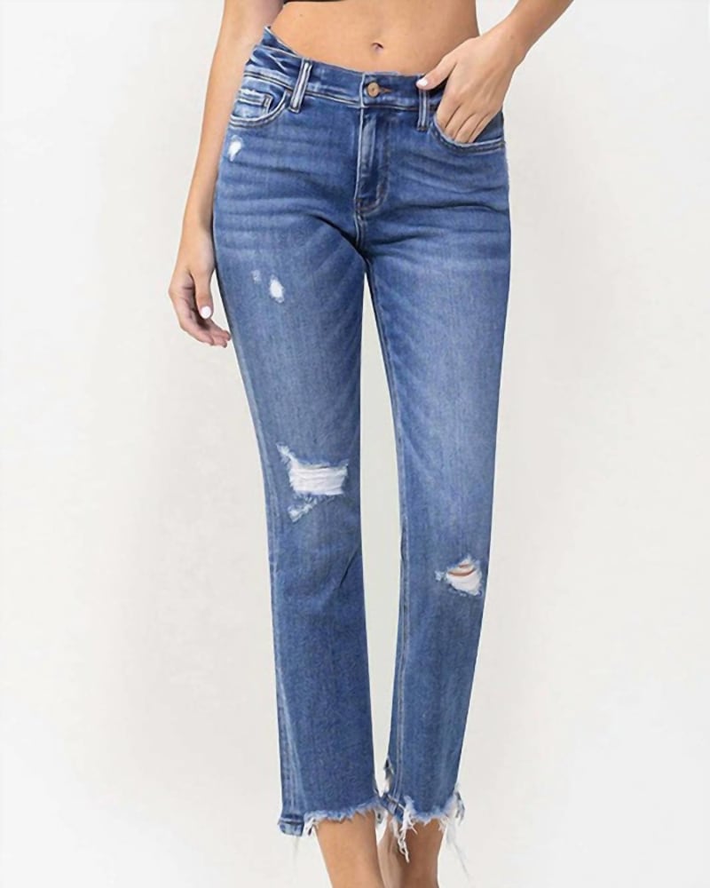 Front of a model wearing a size 24 Shay Layered Waistband Mid Rise Crop Flare in Blue Denim in Blue Denim by FLYING MONKEY. | dia_product_style_image_id:326681